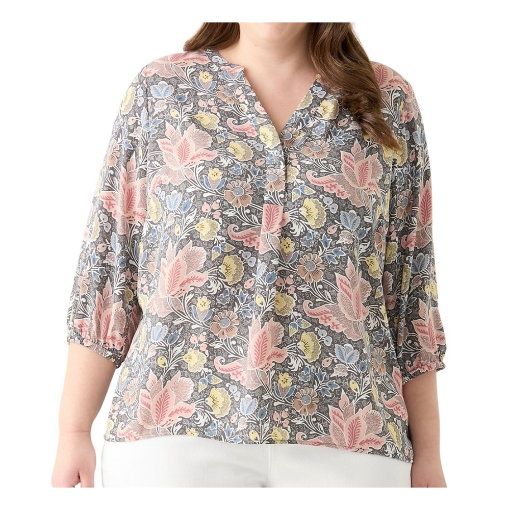 TAHARI Gray/Peach/Multi Floral BLOUSE TOP Split V-Neck 3/4-Slv FLOWY Feminine 3X